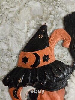 Vintage Halloween Witch Diecut Heavily Embossed Cardboard Made In Germany