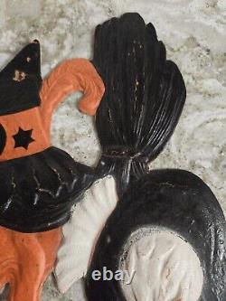 Vintage Halloween Witch Diecut Heavily Embossed Cardboard Made In Germany