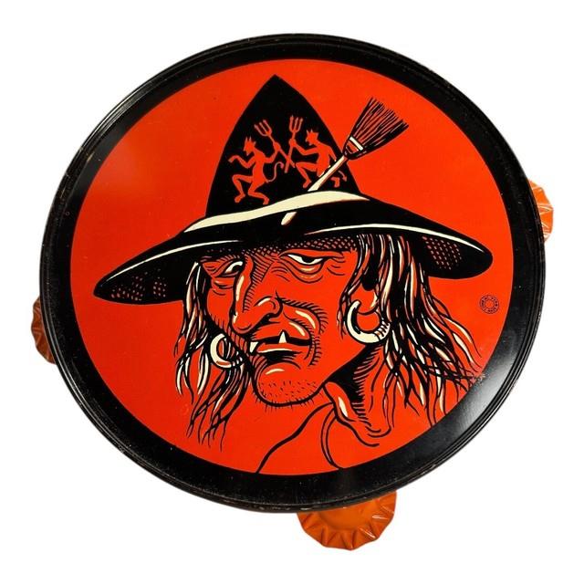 Vintage Halloween Witch Tin Litho Tambourine Noisemaker Instrument T. Cohn