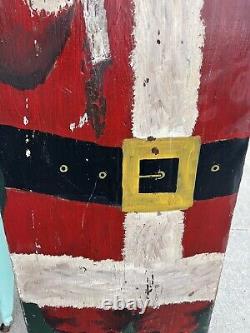 Vintage Hand painted Santa Christmas Board Yard Sign 72x16 Folk Art Tracy Hall