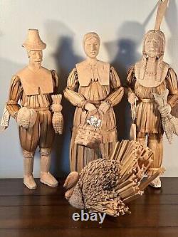 Vintage Handcrafted Cornhusk Thanksgiving Decor Set Pilgrims, Indian, Turkey