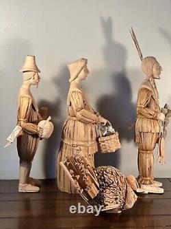 Vintage Handcrafted Cornhusk Thanksgiving Decor Set Pilgrims, Indian, Turkey