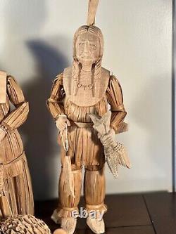 Vintage Handcrafted Cornhusk Thanksgiving Decor Set Pilgrims, Indian, Turkey