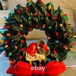 Vintage Handmade Ceramic Christmas Wreath With Lil Mouse NC State With Lights