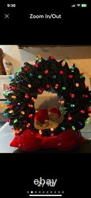 Vintage Handmade Ceramic Christmas Wreath With Lil Mouse NC State With Lights