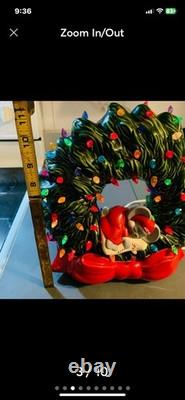 Vintage Handmade Ceramic Christmas Wreath With Lil Mouse NC State With Lights