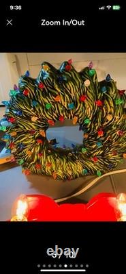 Vintage Handmade Ceramic Christmas Wreath With Lil Mouse NC State With Lights