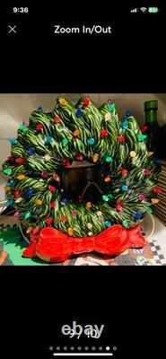 Vintage Handmade Ceramic Christmas Wreath With Lil Mouse NC State With Lights