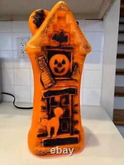 Vintage Haunted House Halloween Blow Mold Orange Black Cat Pumpkin Bat Witch