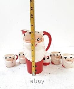 Vintage Holt Howard Christmas Winking Santa Pitcher And 6 Mugs 1960 Japan