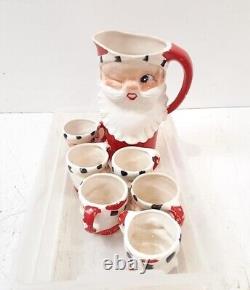 Vintage Holt Howard Christmas Winking Santa Pitcher And 6 Mugs 1960 Japan