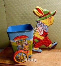 Vintage J. Chein Easter Bunny Rabbit Pulling Cart Wagon