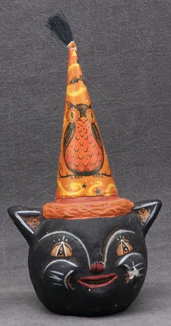 Vintage Johanna Parker Ceramic Halloween Hatty Cat Black With Owl And Bats
