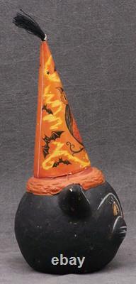 Vintage Johanna Parker Ceramic Halloween Hatty Cat Black with Owl and Bats