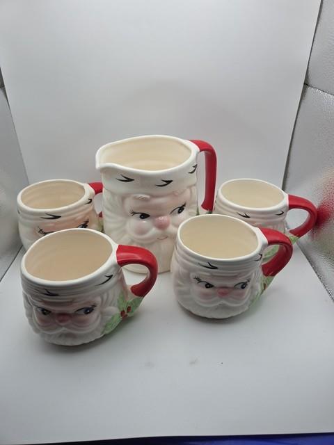 Vintage Josef Originals Santa Face, 4 Mugs With Pitcher. Made In Korea