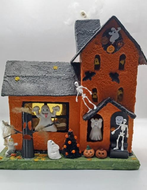 Vintage Large Halloween Putz House Orange Black Ghosts Trees Jol Bats Skeletons