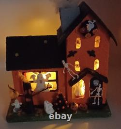 Vintage Large Halloween Putz House Orange Black Ghosts Trees JOL Bats Skeletons Vintage Large Halloween Putz House Orange Black Ghosts Trees JOL Bats Skeletons