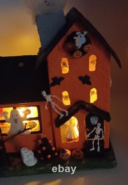 Vintage Large Halloween Putz House Orange Black Ghosts Trees JOL Bats Skeletons