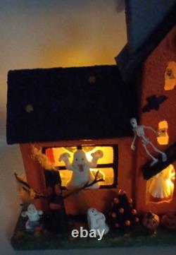 Vintage Large Halloween Putz House Orange Black Ghosts Trees JOL Bats Skeletons