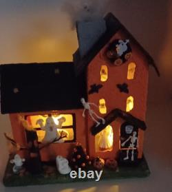 Vintage Large Halloween Putz House Orange Black Ghosts Trees JOL Bats Skeletons