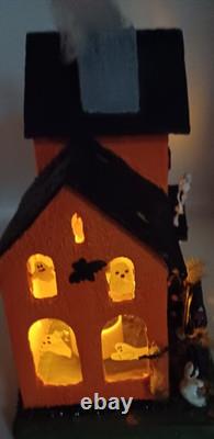 Vintage Large Halloween Putz House Orange Black Ghosts Trees JOL Bats Skeletons