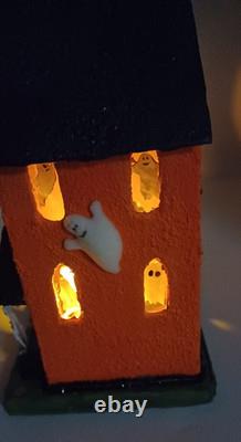 Vintage Large Halloween Putz House Orange Black Ghosts Trees JOL Bats Skeletons