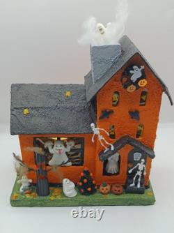 Vintage Large Halloween Putz House Orange Black Ghosts Trees JOL Bats Skeletons