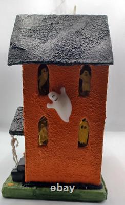 Vintage Large Halloween Putz House Orange Black Ghosts Trees JOL Bats Skeletons