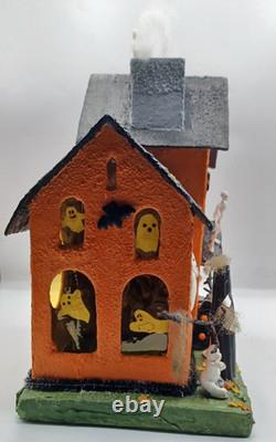 Vintage Large Halloween Putz House Orange Black Ghosts Trees JOL Bats Skeletons