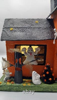 Vintage Large Halloween Putz House Orange Black Ghosts Trees JOL Bats Skeletons