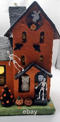 Vintage Large Halloween Putz House Orange Black Ghosts Trees JOL Bats Skeletons