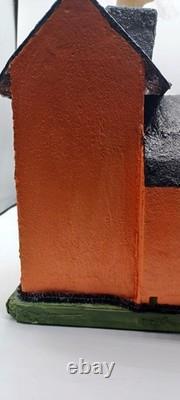 Vintage Large Halloween Putz House Orange Black Ghosts Trees JOL Bats Skeletons