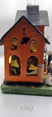 Vintage Large Halloween Putz House Orange Black Ghosts Trees JOL Bats Skeletons