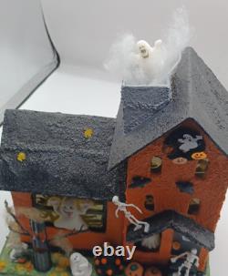 Vintage Large Halloween Putz House Orange Black Ghosts Trees JOL Bats Skeletons