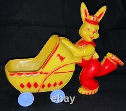 Vintage Large Rosbro Plastics Toy Easter Rabbit Pushing Buggy Candy Container