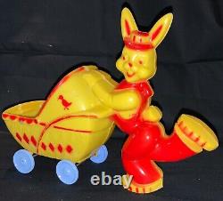 Vintage Large Rosbro Plastics Toy Easter Rabbit Pushing Buggy Candy Container