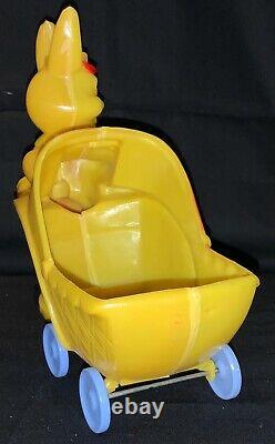 Vintage Large Rosbro Plastics Toy Easter Rabbit Pushing Buggy Candy Container