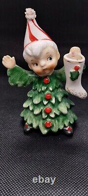Vintage Lefton Ceramic Christmas Tree Girl And Boy Figurines Japan