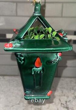 Vintage Lefton Christmas Holly Berry Lantern Hanging Decoration Green Ceramic