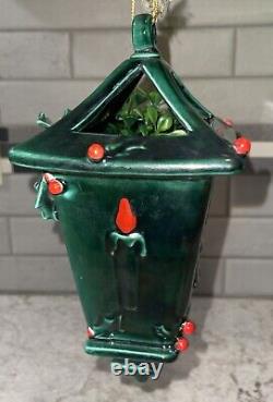 Vintage Lefton Christmas Holly Berry Lantern Hanging Decoration Green Ceramic