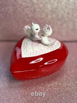 Vintage Lefton Love Birds Valentine's Day Trinket Heart Box Perfect condition