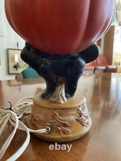 Vintage Light Up Ceramic Halloween Jack-O-Lantern on Black Cat Witches HTF