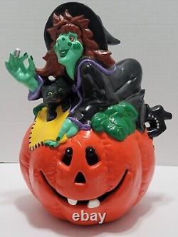 Vintage Lighted Witch On A Pumpkin Ceramic Halloween Decoration