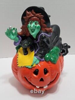 Vintage Lighted Witch On A Pumpkin Ceramic Halloween Decoration