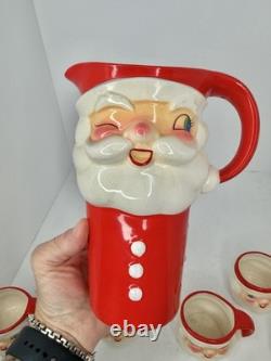 Vintage MCM Holt Howard Winking Santa Pitcher and 6 Mugs 1960 Marked Minty Withbox