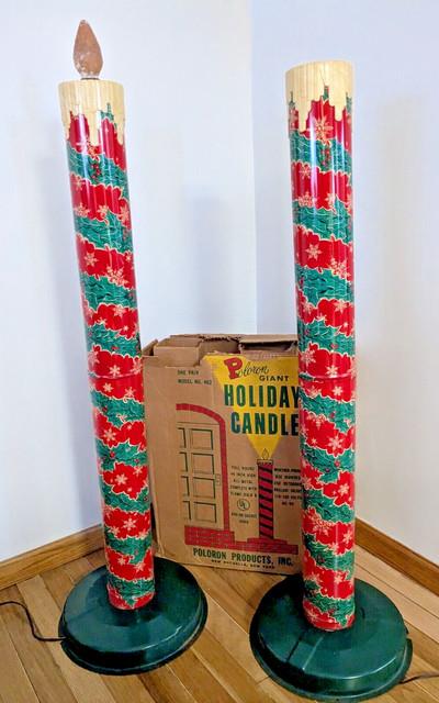 Vintage Pair Poloron Giant Tin Litho Holiday Candles- For Parts Or Repair In Box