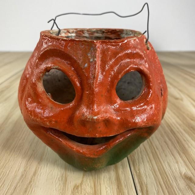 Vintage Paper Mache Halloween Jack O Lantern Orange Green 1920's 1930's