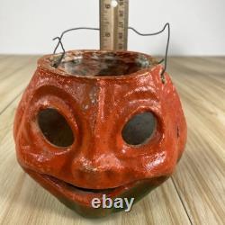 Vintage Paper Mache Halloween Jack O Lantern Orange Green 1920's 1930's