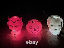 Vintage Peerless Lite Halloween Red Devil Face Blow Mold Light String Strand Set