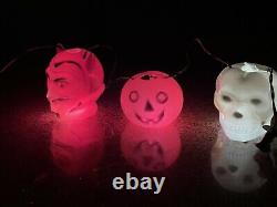 Vintage Peerless Lite Halloween Red Devil Face Blow Mold Light String Strand Set